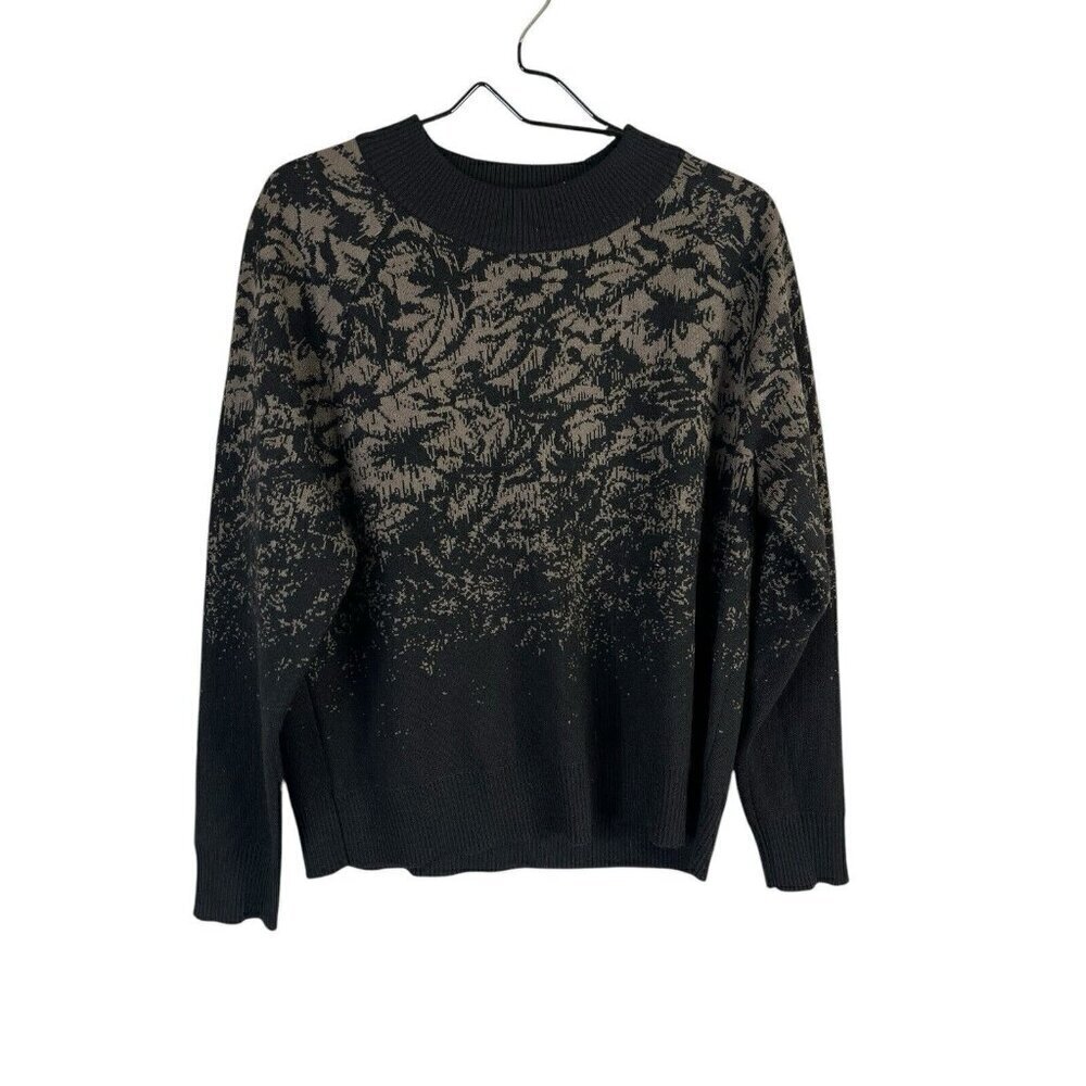 Athleta Sweater Jacquard Black Gray Crew Size Medium Merino Wool Blend Abstract